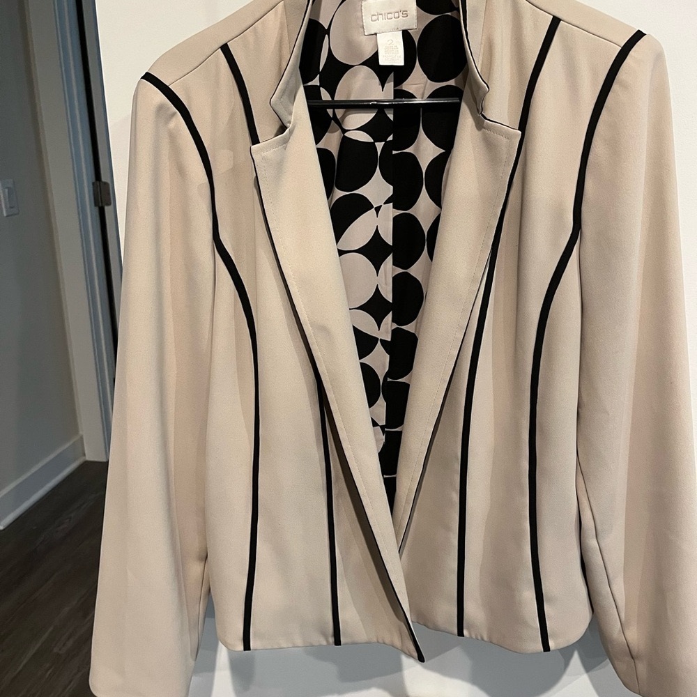 Chicos polkadot lined jacket and tan with black ribbon.
